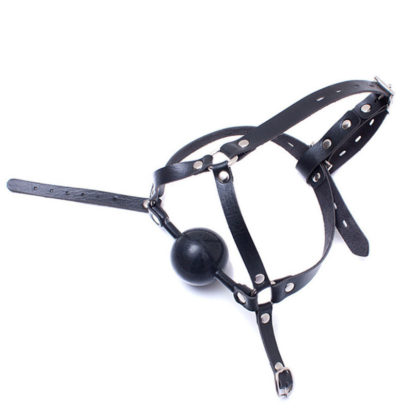Black 48mm Big Ball Silicon Rubber Bondage Ball Faux Leather Head Harness - Image 2