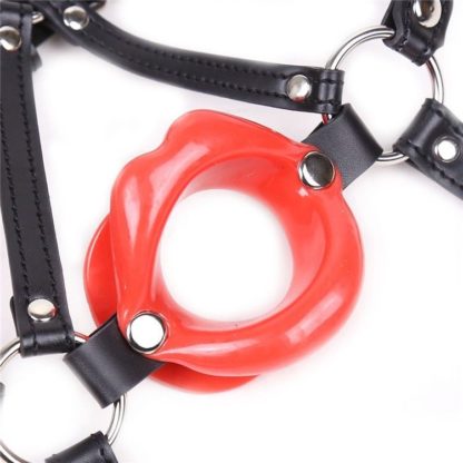 Red Rubber Lip Shape Faux Leather Harness Open Mouth Gag - Image 2