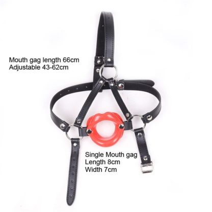Red Rubber Lip Shape Faux Leather Harness Open Mouth Gag - Image 3