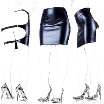 Black PVC Style Wetlook Faux Leather Backless Black Strap Spank Skirt