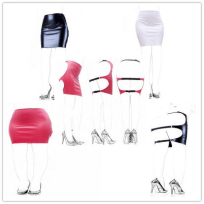 White PVC Style Wetlook Faux Leather Backless Black Strap Spank Skirt - Image 5