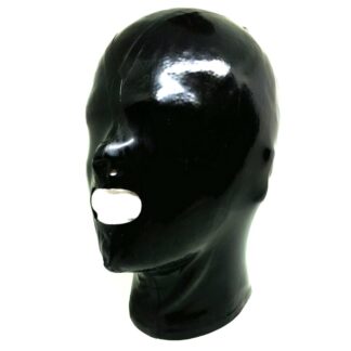 Black Latex Rubber Hood Gummi Mask: Open Mouth, Zipper Back, Glued Seams