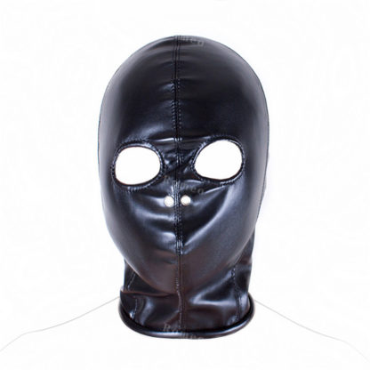 Black Faux Leather Full Head Eye Holes Exposed Zip Back Hood