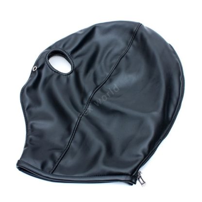 Black Faux Leather Full Head Eye Holes Exposed Zip Back Hood - Image 2