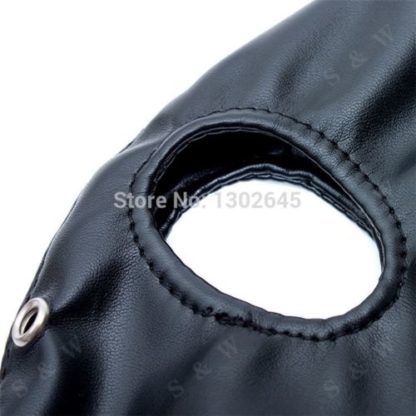 Black Faux Leather Full Head Eye Holes Exposed Zip Back Hood - Image 4