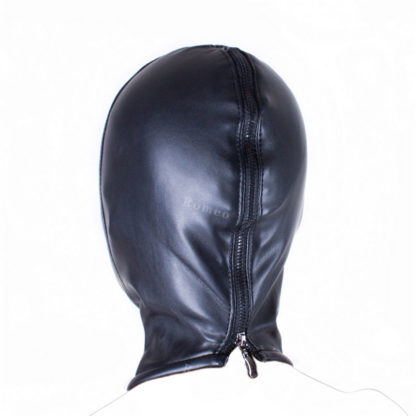 Black Faux Leather Hood Full Head Zip Back - Image 5