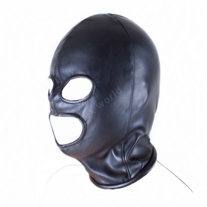 Black Faux Leather Full Head Zip Back Eyes Mouth Holes Hood - Image 2
