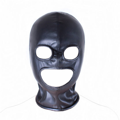Black Faux Leather Full Head Zip Back Eyes Mouth Holes Hood