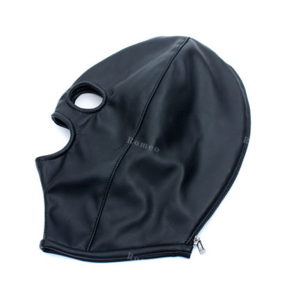 Black Faux Leather Full Head Zip Back Eyes Mouth Holes Hood - Image 4