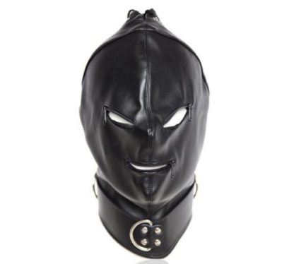 Black Faux Leather Lace Up Back Zip Eyes Mouth Bondage Hood Gimp Mask