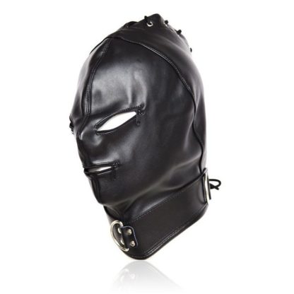 Black Faux Leather Lace Up Back Zip Eyes Mouth Bondage Hood Gimp Mask - Image 2