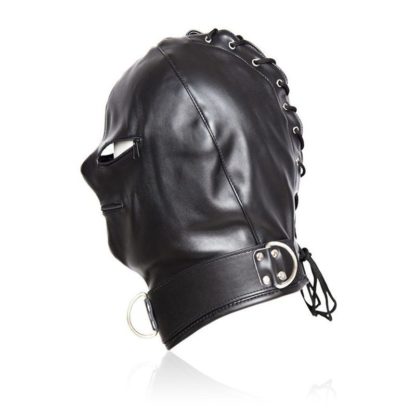 Black Faux Leather Lace Up Back Zip Eyes Mouth Bondage Hood Gimp Mask - Image 3