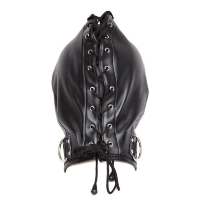 Black Faux Leather Lace Up Back Zip Eyes Mouth Bondage Hood Gimp Mask - Image 4