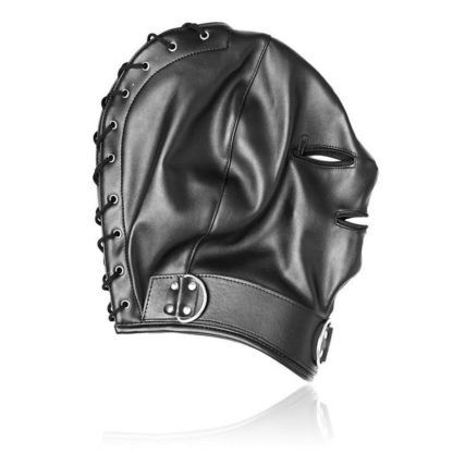Black Faux Leather Lace Up Back Zip Eyes Mouth Bondage Hood Gimp Mask - Image 5