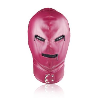 Rose Red Faux Leather Lace Up Back Zip Eyes Mouth Bondage Hood Gimp Mask