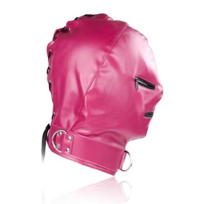 Rose Red Faux Leather Lace Up Back Zip Eyes Mouth Bondage Hood Gimp Mask - Image 3