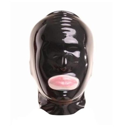 Black Latex/Rubber Hood No Eyes Zipper Back Full Face Mask