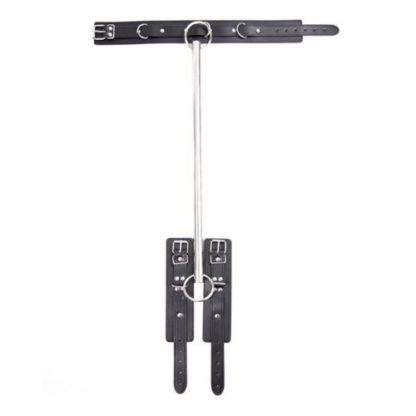 Faux Leather Stainless Steel Buckle Spreader Bar Neck Collar Wrist Cuffs Vertical Bar
