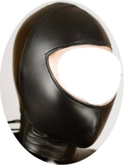 Black Faux Leather Full Head Open Face Zip Back Hood - Image 4