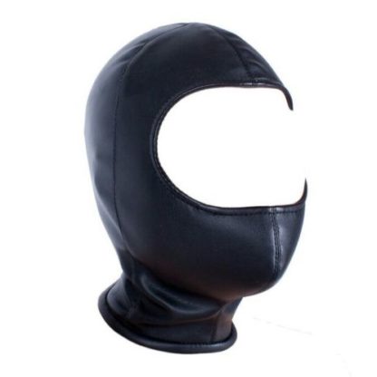 Black Faux Leather Full Head Open Face Zip Back Hood