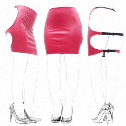 Red PVC Style Wetlook Faux Leather Backless Black Strap Spank Skirt