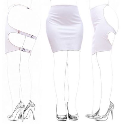 White PVC Style Wetlook Faux Leather Backless Black Strap Spank Skirt
