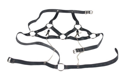 Faux Leather Female Breast Harness Bra with Clamps - Image 2