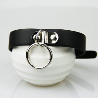 Black Choker Collar Faux Leather Locking With Ring - Image 2