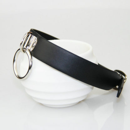 Black Choker Collar Faux Leather Locking With Ring - Image 3