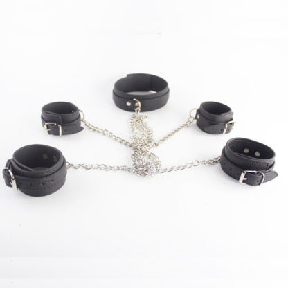 Faux Leather Chain Restraint Locking Neck Collar Wrist Ankle Cuffs
