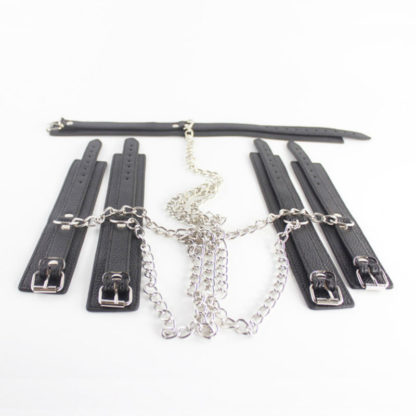 Faux Leather Chain Restraint Locking Neck Collar Wrist Ankle Cuffs - Image 2