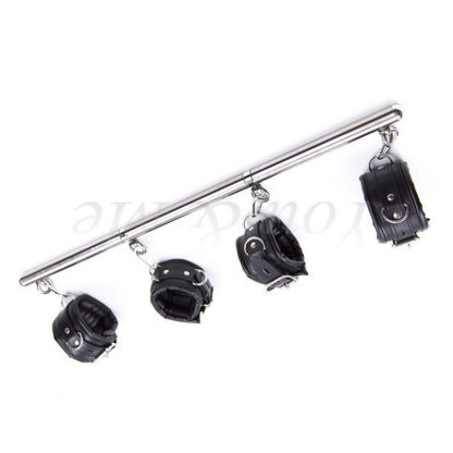 Black Premium Detachable Faux Leather Stainless Steel Spreader Bar Hand Cuffs - Image 2