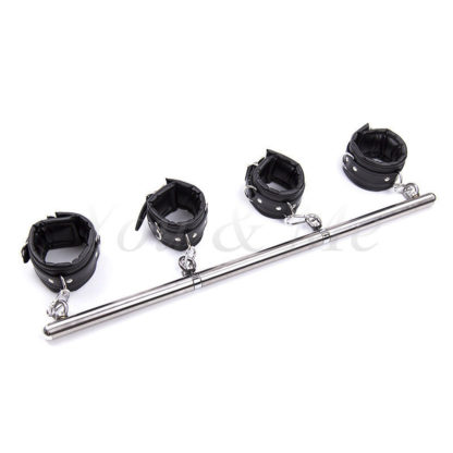 Black Premium Detachable Faux Leather Stainless Steel Spreader Bar Hand Cuffs