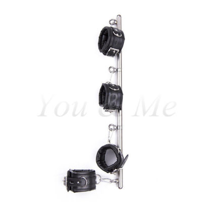 Black Premium Detachable Faux Leather Stainless Steel Spreader Bar Hand Cuffs - Image 6