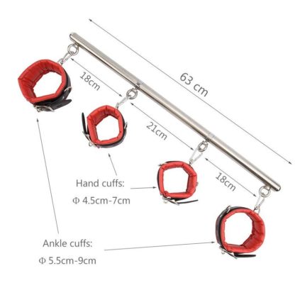 Red/Black Premium Detachable Faux Leather Stainless Steel Spreader Bar Hand Cuffs - Image 7
