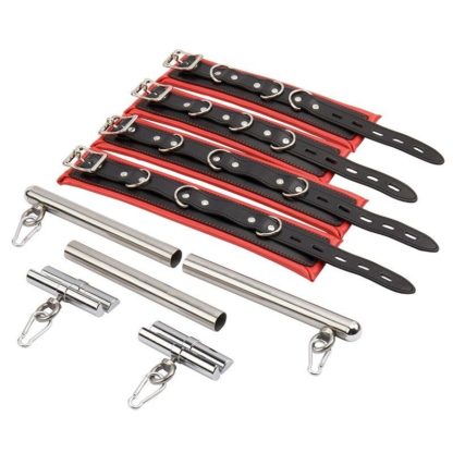 Red/Black Premium Detachable Faux Leather Stainless Steel Spreader Bar Hand Cuffs - Image 2