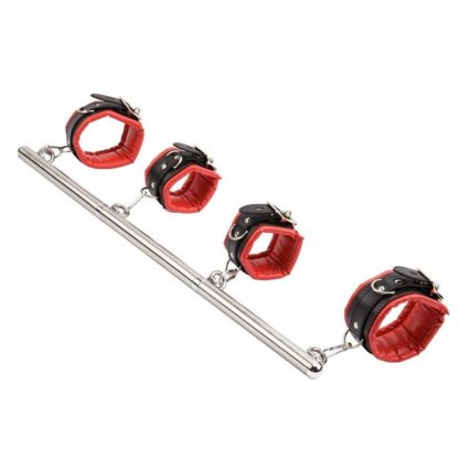 Red/Black Premium Detachable Faux Leather Stainless Steel Spreader Bar Hand Cuffs - Image 4