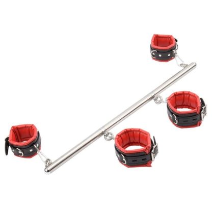 Red/Black Premium Detachable Faux Leather Stainless Steel Spreader Bar Hand Cuffs - Image 5