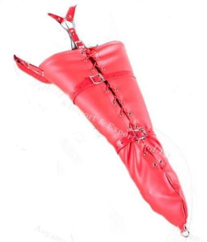 Red Faux Leather Single Glove Over Shoulder Bondage Arm Binder Monoglove - Image 2