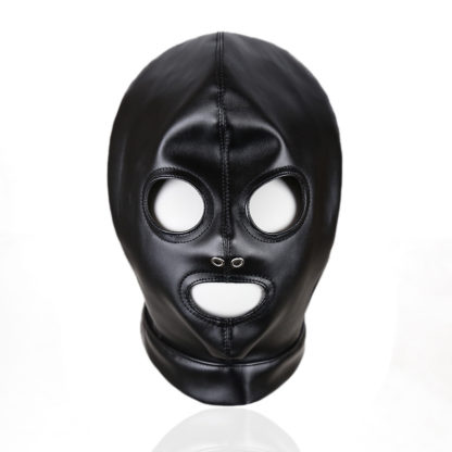 Faux Leather Lace Up Full Head Eyes Mouth Exposed Black Bondage Hood Gimp Mask - Image 2