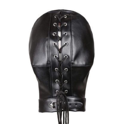 Faux Leather Lace Up Full Head Eyes Mouth Exposed Black Bondage Hood Gimp Mask - Image 3