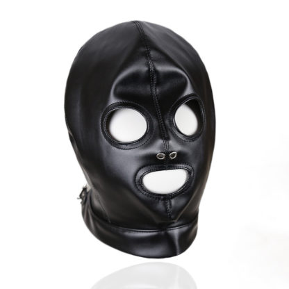 Faux Leather Lace Up Full Head Eyes Mouth Exposed Black Bondage Hood Gimp Mask