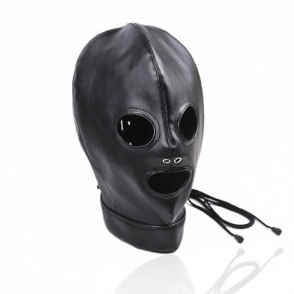 Faux Leather Lace Up Full Head Eyes Mouth Exposed Black Bondage Hood Gimp Mask - Image 4