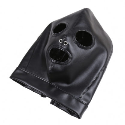 Faux Leather Lace Up Full Head Eyes Mouth Exposed Black Bondage Hood Gimp Mask - Image 5