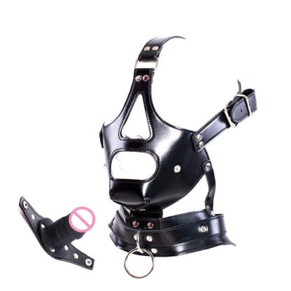 Faux Leather Hood Collar Head Harness Detachable Plug Mouth Gag