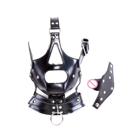 Faux Leather Hood Collar Head Harness Detachable Plug Mouth Gag - Image 2