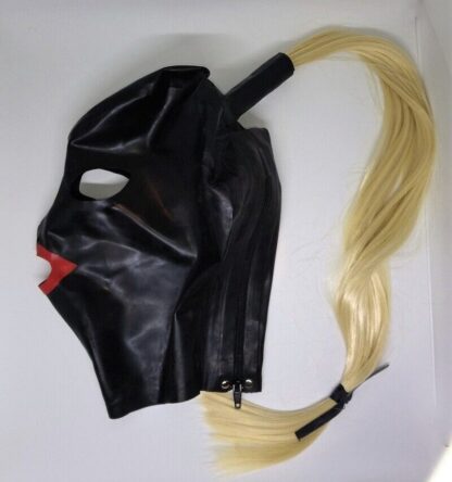 Black Latex/Rubber Single Tail Hood Zipper Back Ponytail Wig Hair Pigtail Tube - Image 2