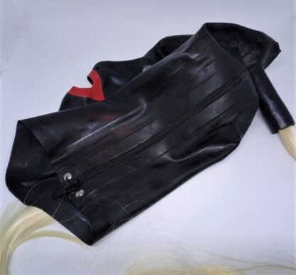 Black Latex/Rubber Single Tail Hood Zipper Back Ponytail Wig Hair Pigtail Tube - Image 3