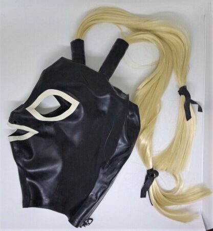 Black Latex/Rubber Twin Tails Hood Zipper Back Ponytails Wig Hair Pigtails Tube - Image 2