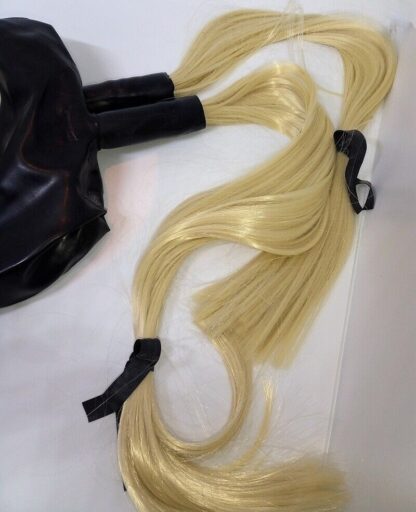 Black Latex/Rubber Twin Tails Hood Zipper Back Ponytails Wig Hair Pigtails Tube - Image 3